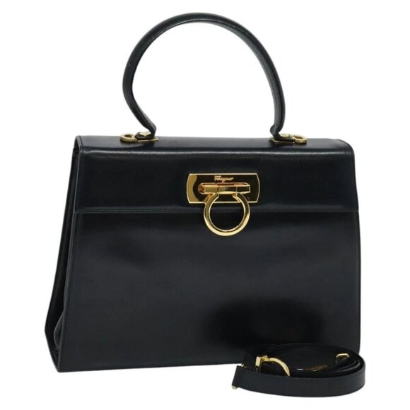 Salvatore Ferragamo Gancini Hand Bag Leather 2way Black Gold - Picture 1 of 16